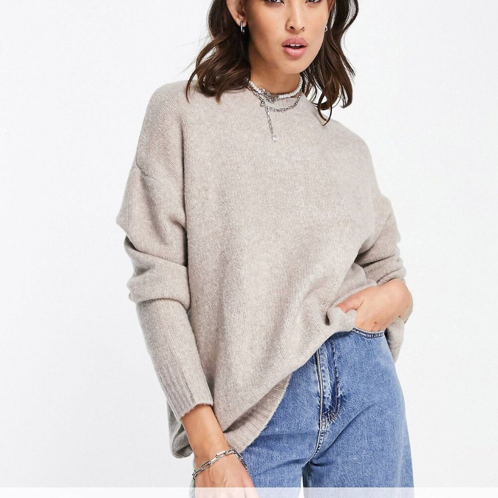 Bershka Oversized Chunky Beige Crewneck Tunic Sweater Small